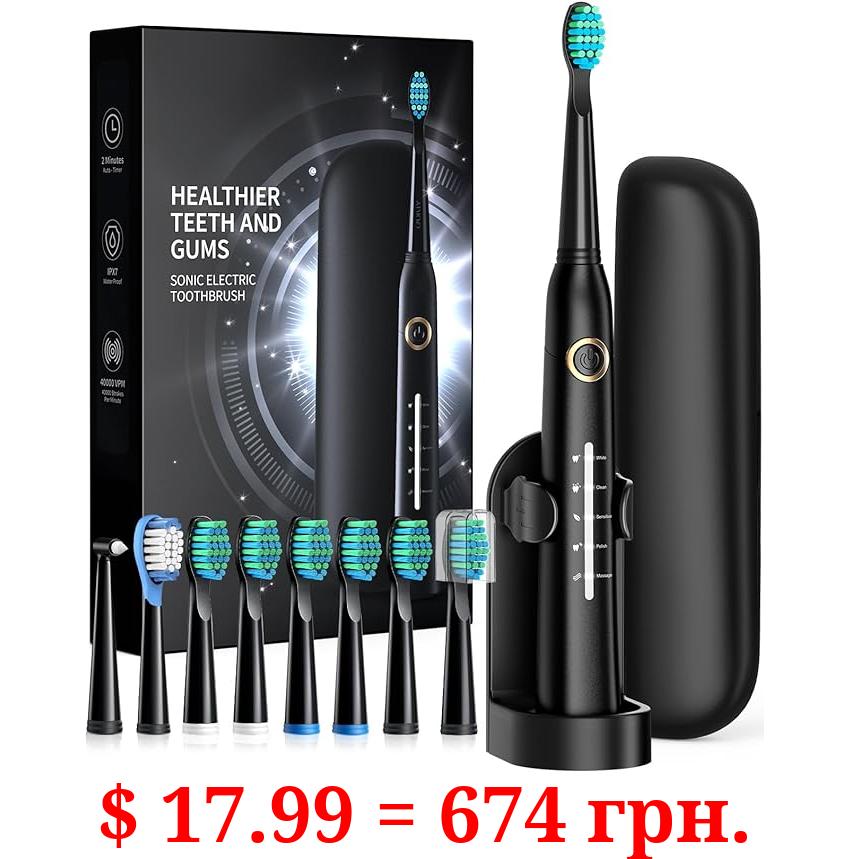 Sonic Electric Toothbrush for Adults, Power Electric Toothbrush with 8 Brush Heads, Travel Case, 40000 VPM Deep Clean 5 Modes, Rechargeable Toothbrushes Fast Charge 4 Hours Last 30 Days, Black