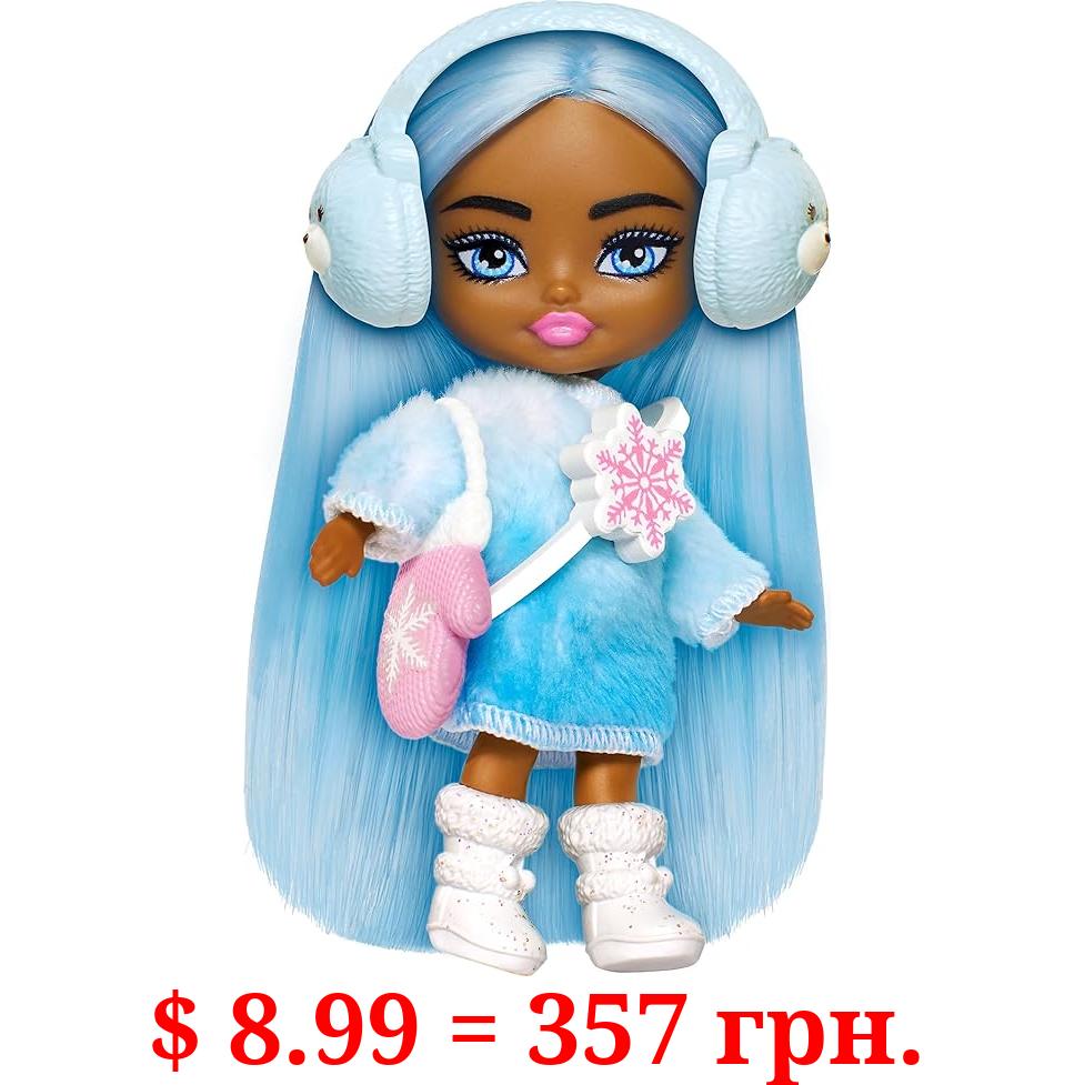 Barbie Extra Mini Minis Travel Doll with Blue Hair, Ombre Sweater Dress, Pastel Earmuffs, Snow Boots & Snow Accessories