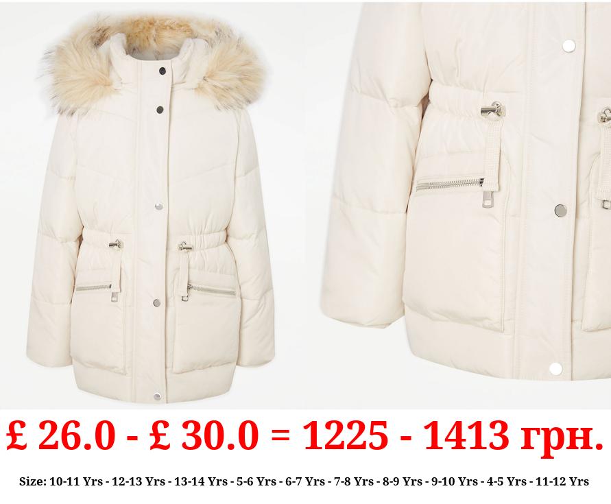 Cream Faux Fur Trim Parka Coat