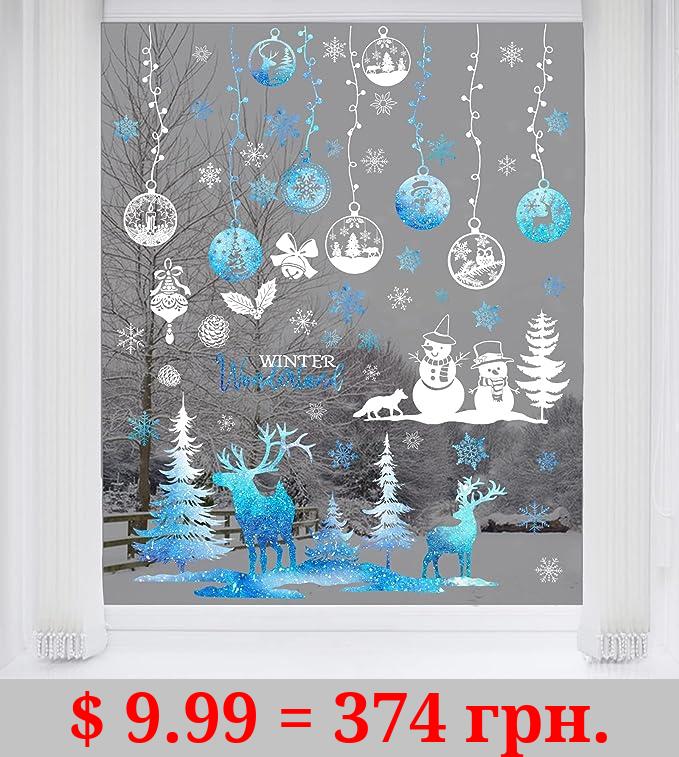Mfault Christmas Snowflake Winter Wonderland Window Clings 9 Sheets, Xmas Tree Reindeer Snowman Decal Stickers Bedroom Decorations, Elk Snowball Holiday Home Kitchen Living Room Decor