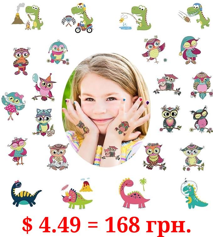 Fanoshon Cute Owl Dinosaur Party Temporary Tattoos for Kids Boys Girls, Waterproof Fake Body Art Makeup Stickers for Children Birthday Festival Halloween Christmas Party Favors Supplies