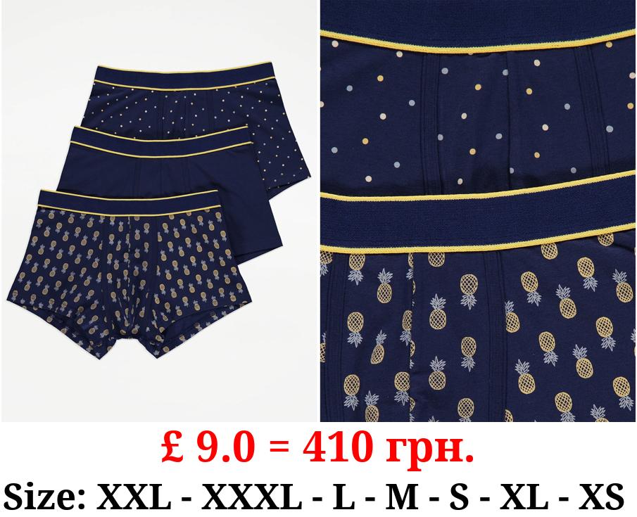 Navy Pineapple Hipster Jersey Trunks 3 Pack