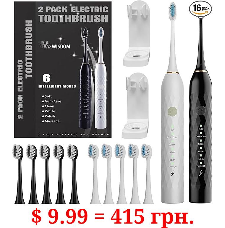 MAXWISDOM Electric Toothbrush 2 Pack - Electric Toothbrush for Adults with 10 Replacement Brush Heads, 2 Toothbrush Holders, 6 Modes, Smart Timer, 2 Hours Charge for 60 Days (Black & White)