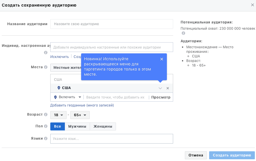 Аудитории фейсбук. Наименование аудитории. Параметры аудитории ФБ. Сделать аудитории. Сохраненная аудитория.