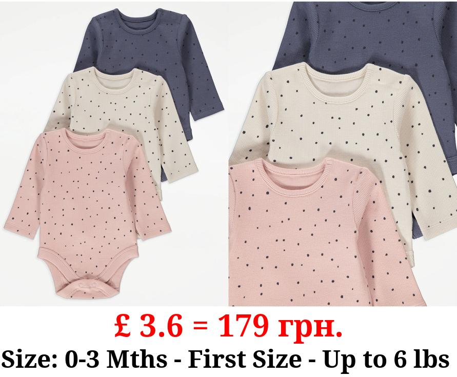 Spotty Ribbed Long Sleeve Bodysuits 3 Pack