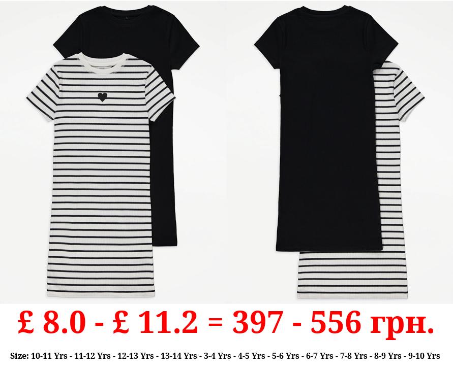 Mono Stripe Ribbed Short Sleeve Dresses 2 Pack