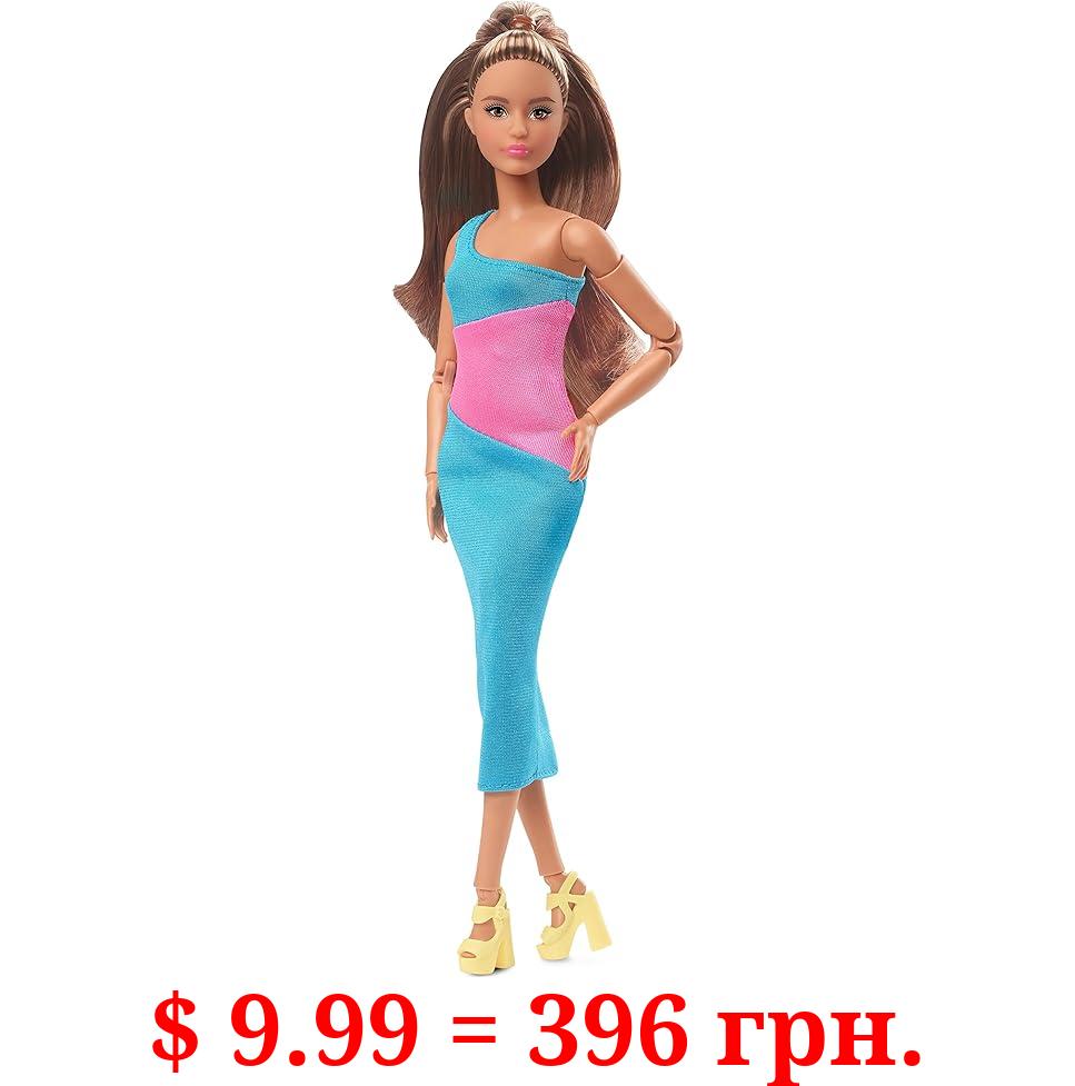 Barbie Looks Doll with Brown Hair Dressed in One-Shoulder Pink and Blue Midi Dress, Posable Made to Move Body