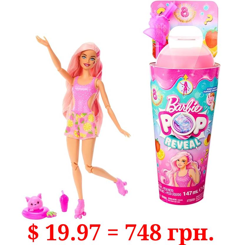Barbie Pop Reveal Doll & Accessories, Strawberry Lemonade Scent with Pink Hair, 8 Surprises Include Slime & Squishy Puppy