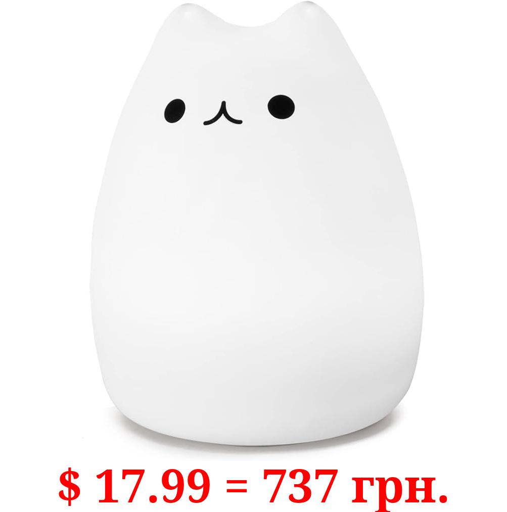 WoneNice Cute Kitty Night Light, Rechargeable Silicone Cute Lamp with Warm White & 7-Color Breathing Modes, Touch Sensor Control, Gift for Women Teen Girls Kids Toddler Baby