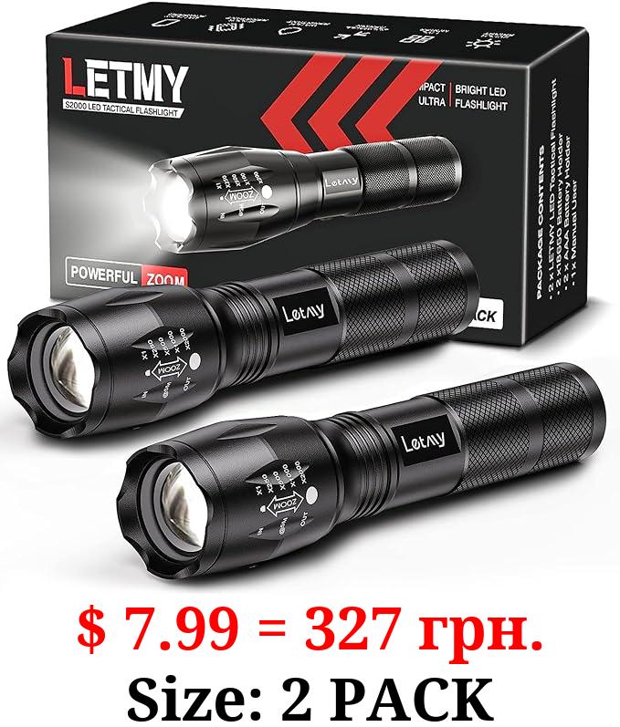 LETMY Tactical Flashlight S2000-2 Pack Bright Military Grade LED Flashlights High Lumens - Portable Handheld Flash Light, 5 Modes Zoomable Waterproof Flashlights for Home Emergency Camping Outdoor