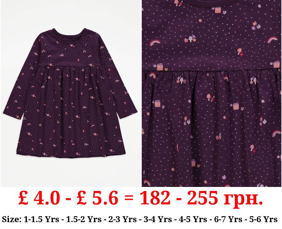 Purple Polka Dot Mushroom Long Sleeve Dress