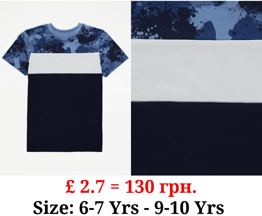 Blue Camouflage Colour Block T-Shirt