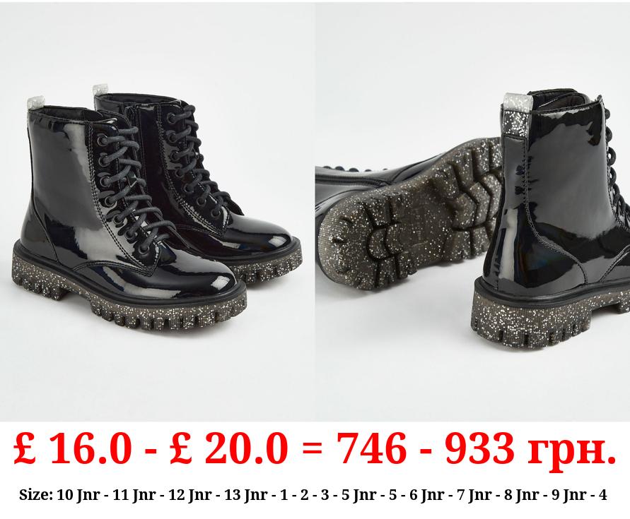 Black Patent Glitter Sole Biker Boots