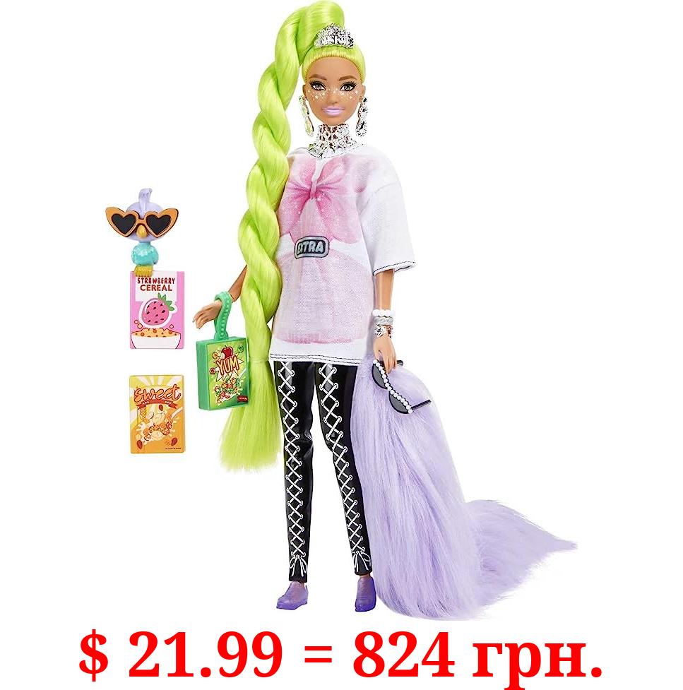 Barbie Extra Doll and Barbie Accessories with Neon Green Hair, Feather Boa and Pet Parrot