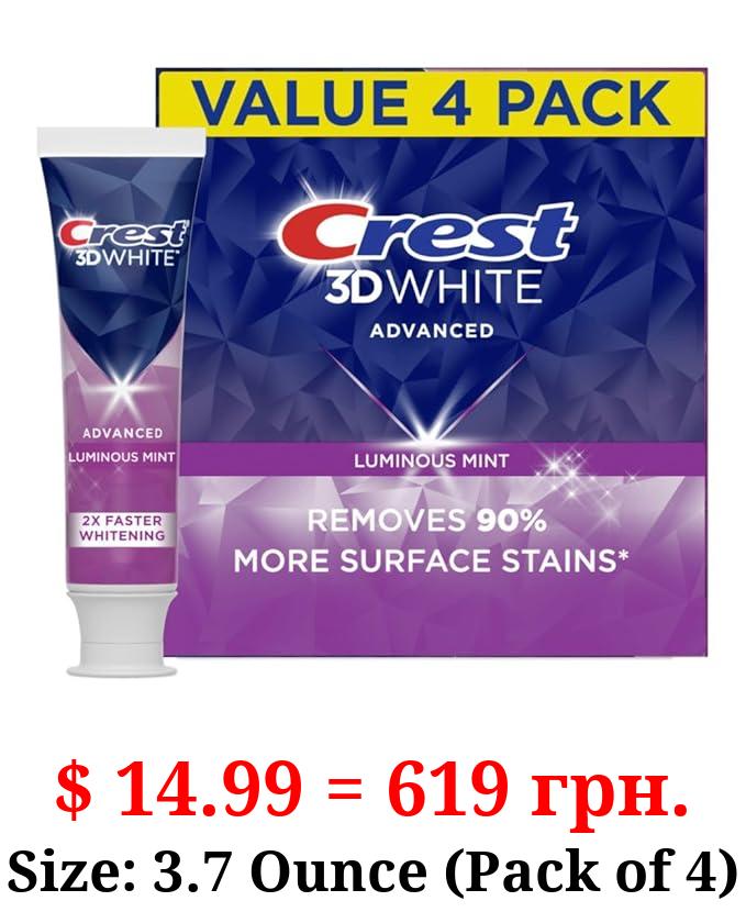 Crest 3D White Advanced Luminous Mint Teeth Whitening Toothpaste, 3.7 oz Pack of 4 - Helps Remove Surface Stains, Whitens Teeth, Strengthens Tooth Enamel, Protects Against Cavities