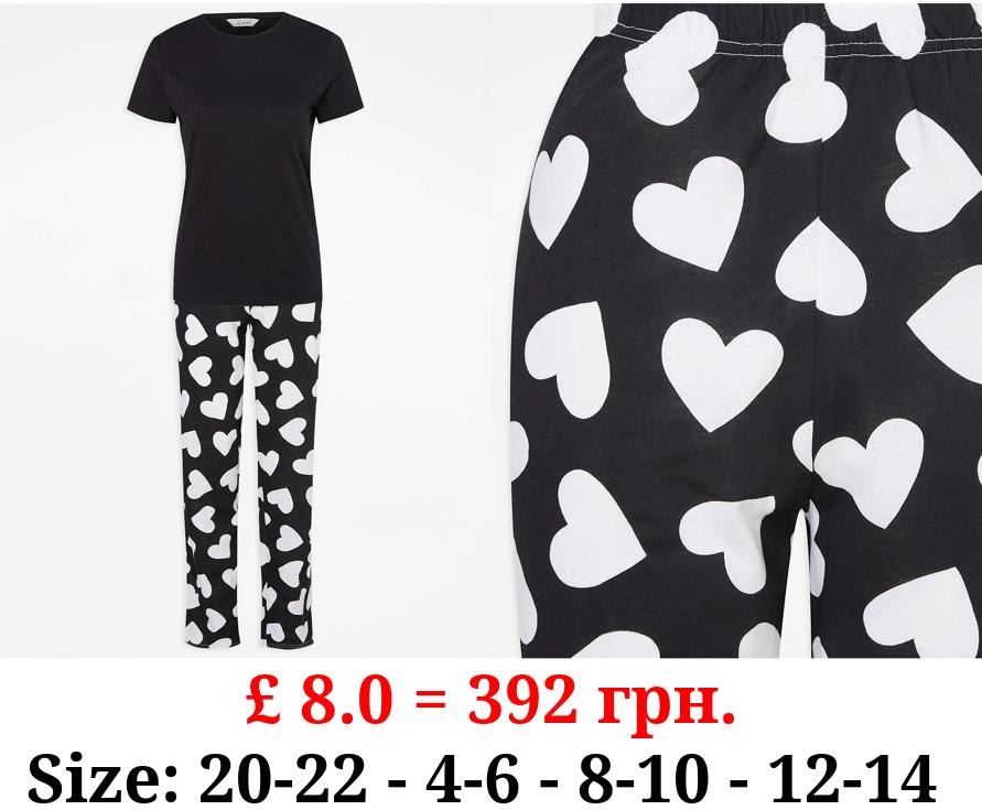 Black Heart Print Short Sleeve Pyjamas Gift Set