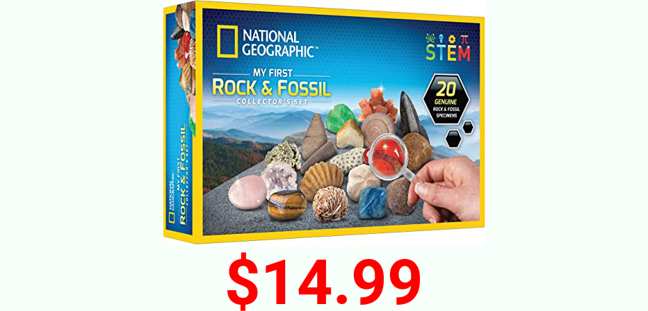 NATIONAL GEOGRAPHIC Rock & Fossil Collection - Rock Collection for Kids, 20 Rocks and Fossils with Shark Teeth, Agate, Rose Quartz, Jasper, Coral, & More, Great STEM Science Kit for Boys and Girls