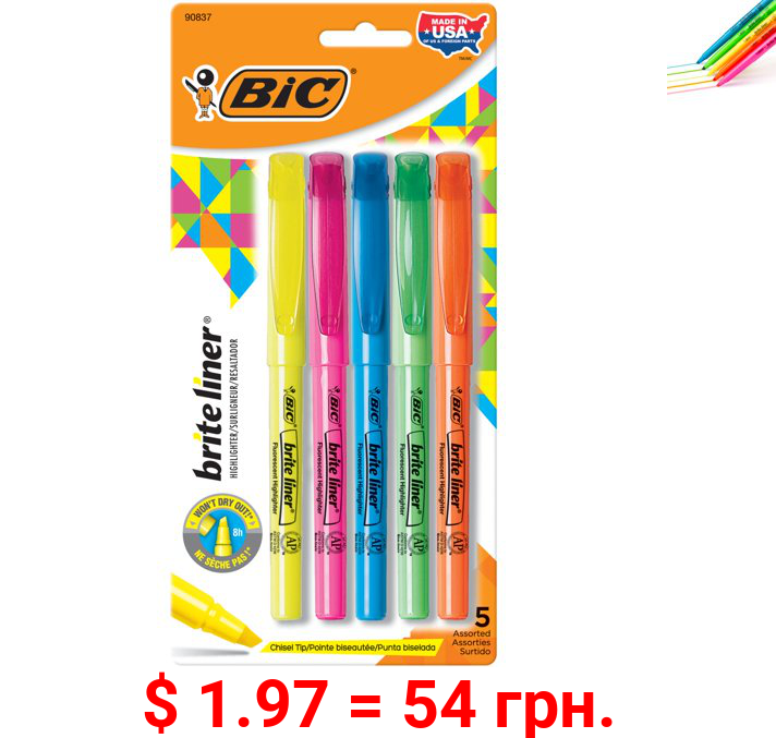 BIC Brite Liner Highlighter, Chisel Tip, Assorted Colors, Versatile Chisel Tip, 5 Count Highlighter Pack