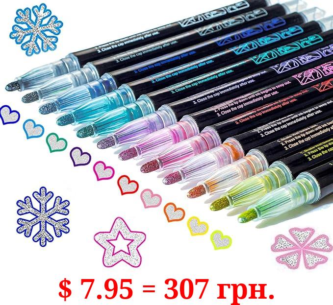 Shimmer Markers Outline Double Line: 12 Colors Metallic Glitter Pens Set Super Squiggles Sparkle Kid Age 4 8 10 Gift Self Doodle Drawing Supplies Art Craft Cute Teen Girl Dazzlers Dazzles Women Stuff