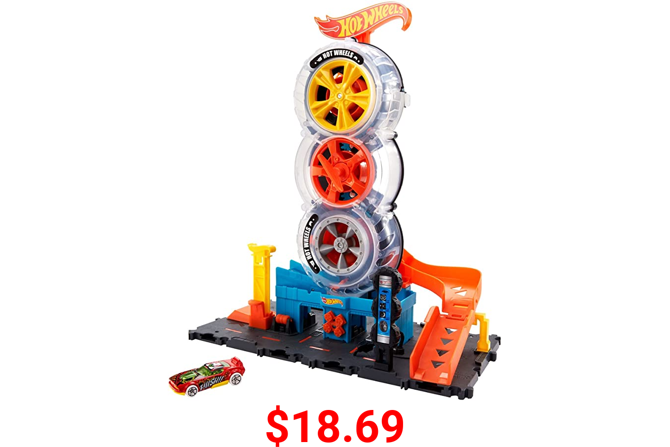 Hot Wheels City Super Twist Tire Shop Playset, Spin The Key to Make Cars Travel Through The Tires, Includes 1 Car, Gift for Kids 4 to 8 Years Old
