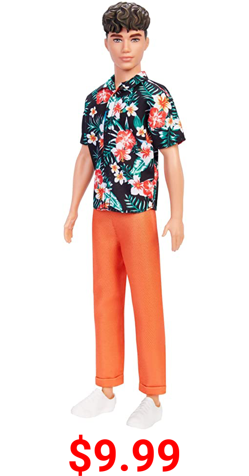 Barbie Ken Fashionistas Doll #184, Brunette Cropped Hair, Floral Hawaiian Shirt, Orange Cuffed Pants, White Deck Shoes, Toy for Kids 3 to 8 Years Old