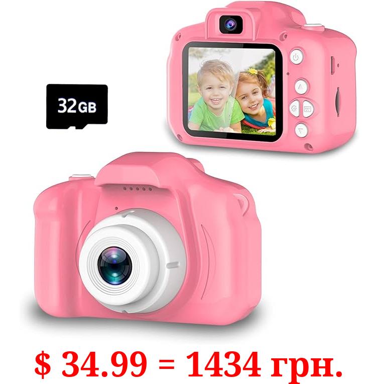 Seckton Upgrade Kids Selfie Camera, Christmas Birthday Gifts for Girls Age 3-9, HD Digital Video Cameras for Toddler, Portable Toy for 3 4 5 6 7 8 Year Old Girl with 32GB SD Card-Pink