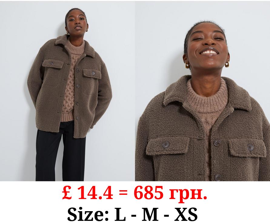 Brown Button Through Borg Fleece Jacket