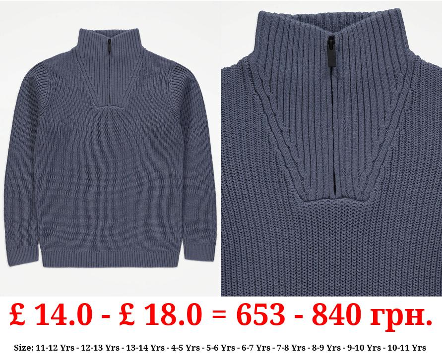 Blue Zip Neck Knitted Jumper