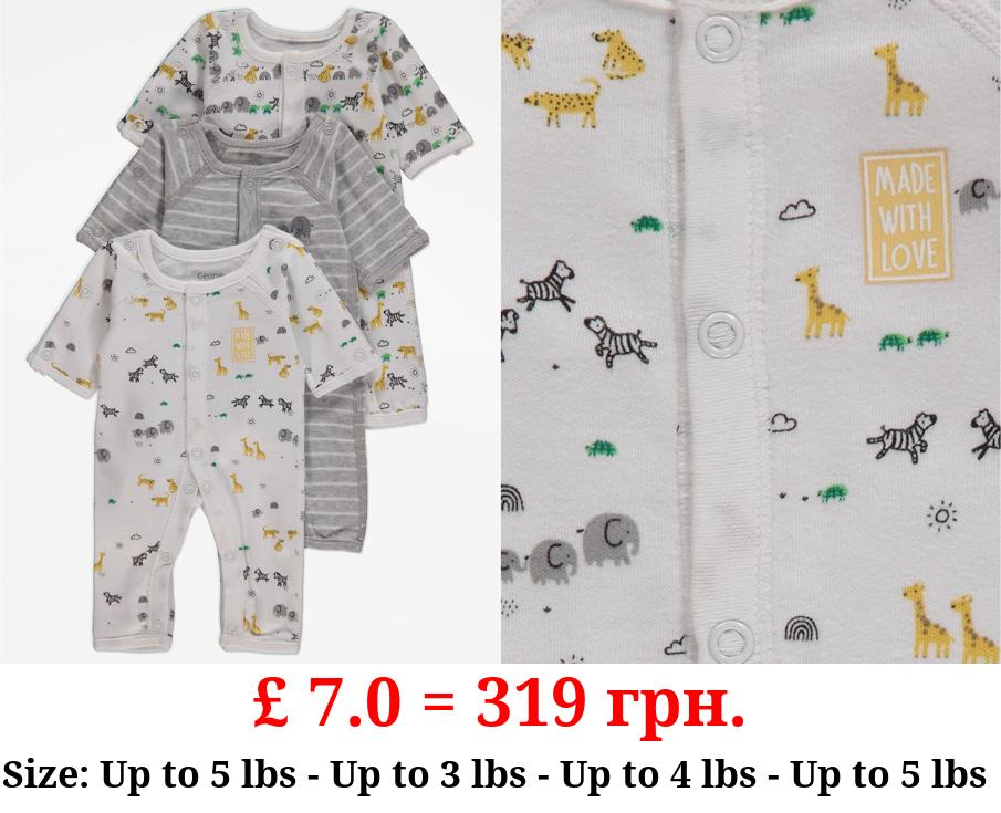 Safari Animal Premature Baby Sleepsuits 3 Pack