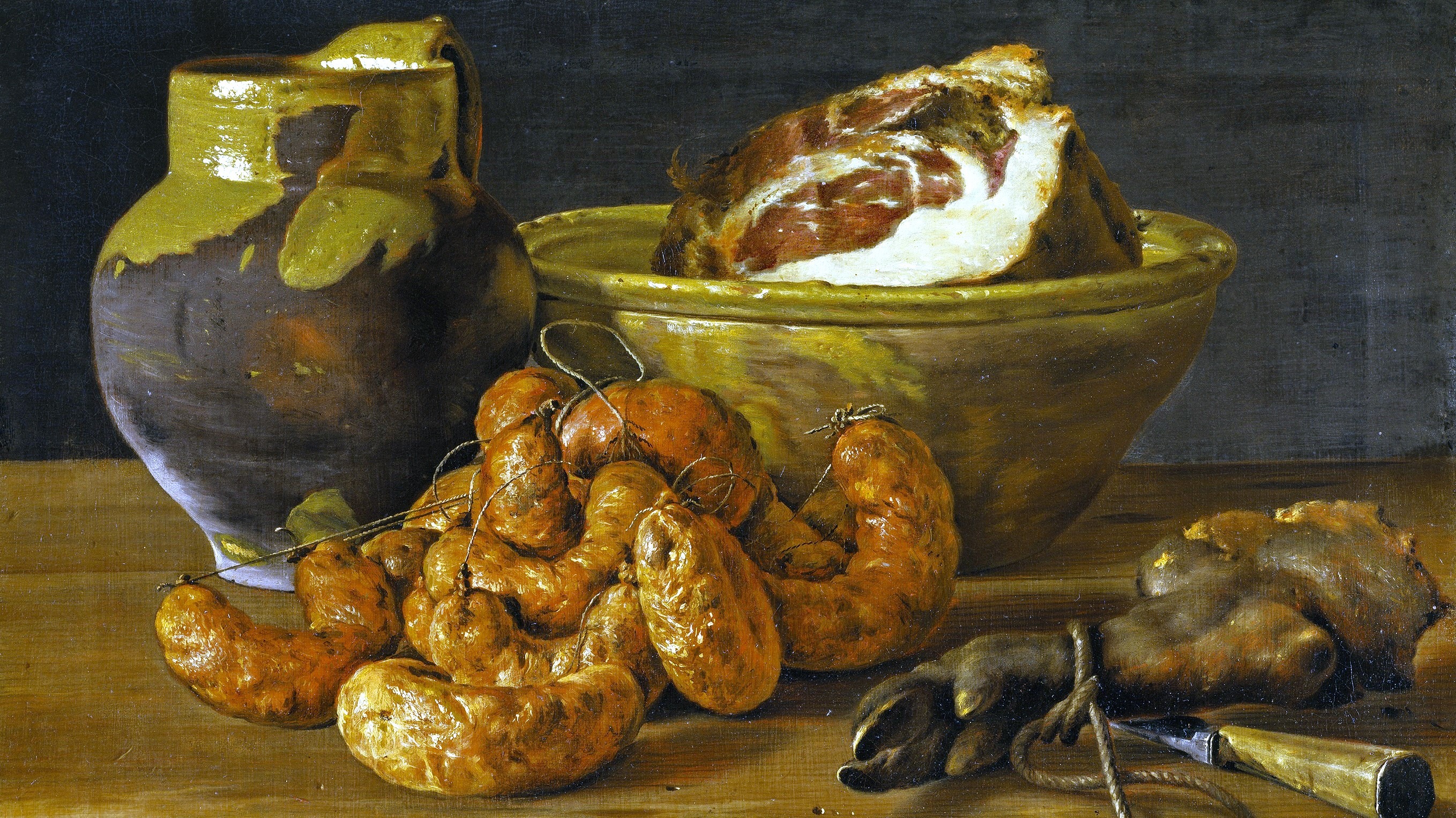 Luis Egidio Meléndez. Still Life with Sausages Ham and Vessels (1772)
