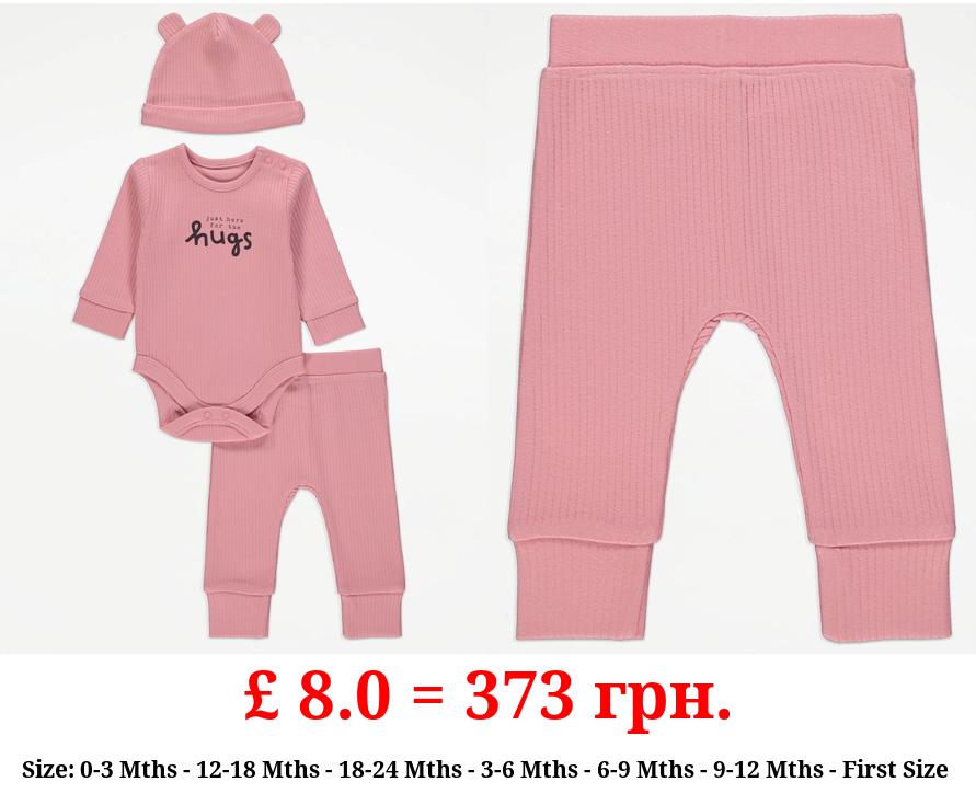 Pink Ribbed Hugs Bodysuit Leggings and Hat Outfit