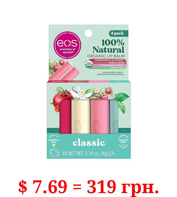 eos 100% Natural & Organic Lip Balm Sticks- Strawberry Sorbet, Vanilla Bean, Sweet Mint & Pomegranate Raspberry, Lip Care Products, 0.14 oz, 4-Pack