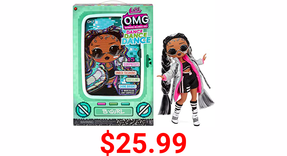 LOL Surprise OMG Dance Dance Dance B-Gurl Fashion Doll with 15 Surprises Including Magic Black Light, Shoes, Hair Brush, Doll Stand and TV Package - Great Gift for Girls Age 4+