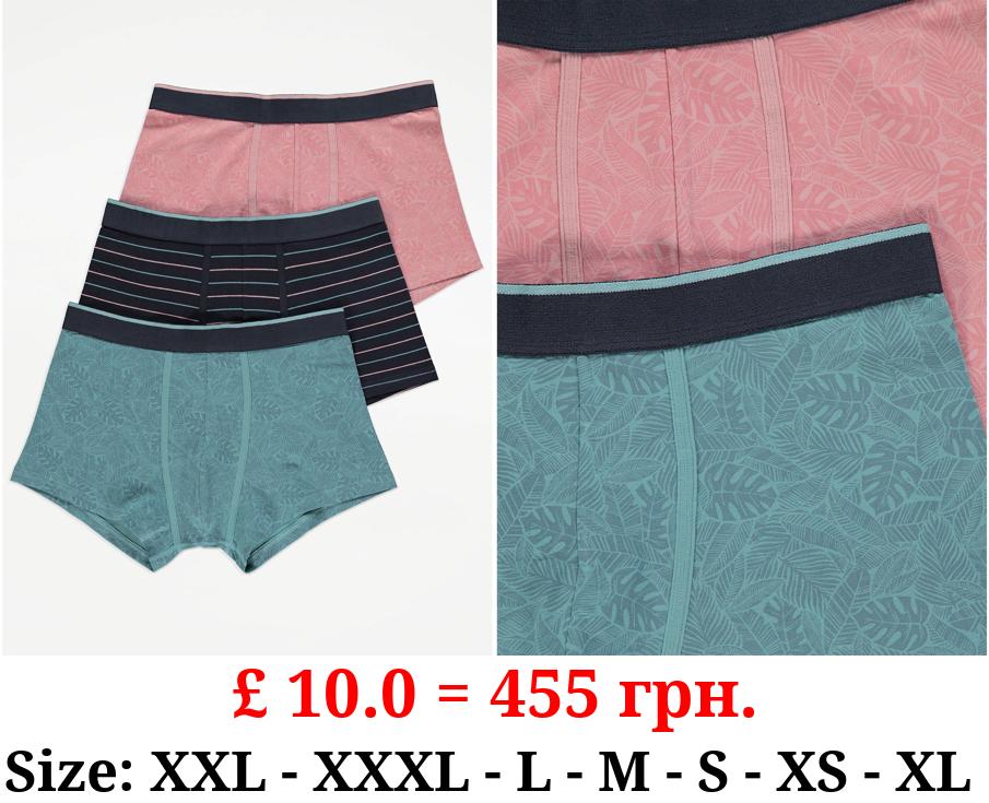 Teal Palm Leaf Print Hipster Trunks 3 Pack