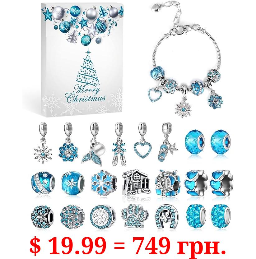 MJartoria Lake Blue Jewelry Advent Calendar 2023 for Girls-Lake Blue Jewelry 24 Days Christmas Countdown-Inclued Lake Blue Snowflake Metal Charms Beads DIY Necklaces Bracelets Making Kit Jewelry Gifts