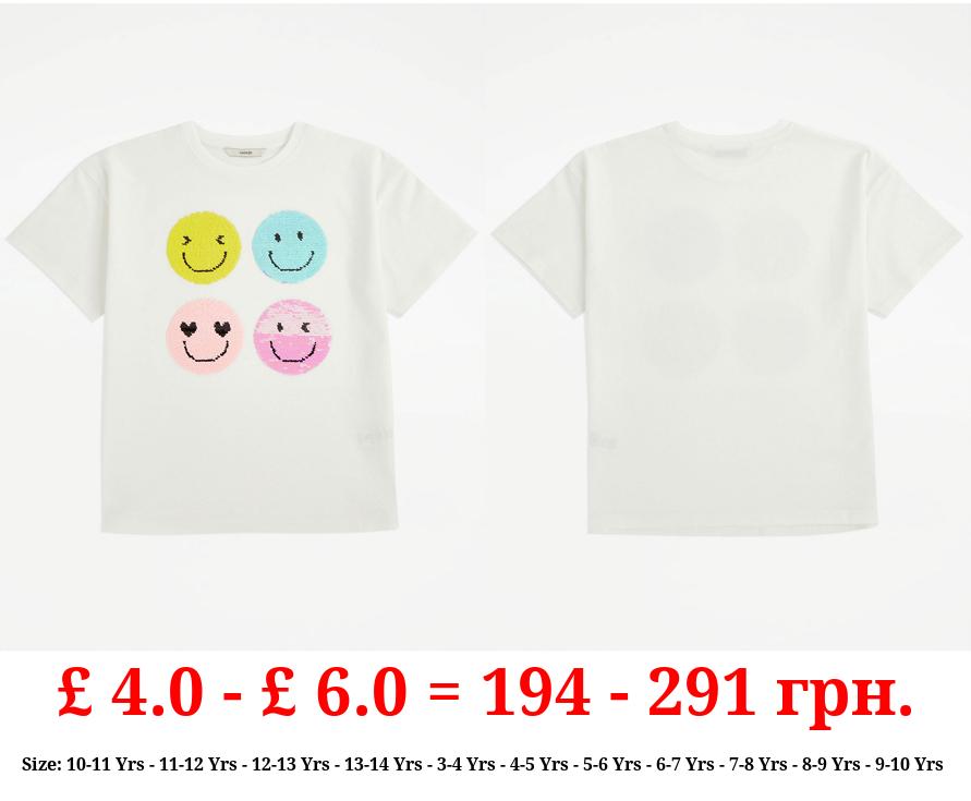 White Smiley Face Sequin T-Shirt