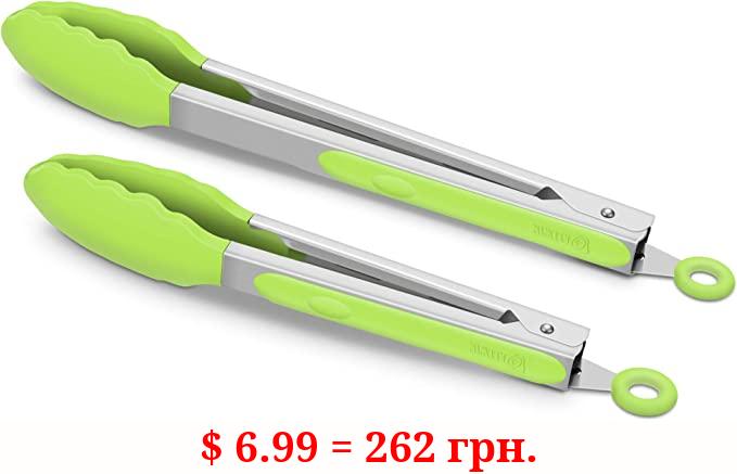 Premium Silicone Set of 2 Cooking Tongs, 9-Inch & 12-Inch BPA Free Non-Stick Stainless Steel BBQ Grilling Locking Food Tong, Light Green