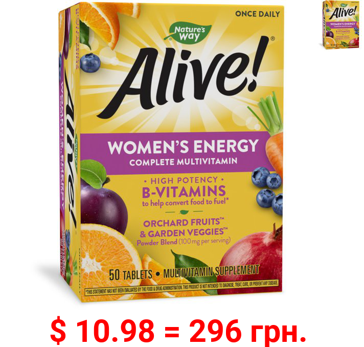 Nature's Way Alive! Women's Energy Multivitamin Tablets, Supports Cellular Energy*, Fruit and Veggie Powder Blend (100mg per Serving), 50 Tablets
