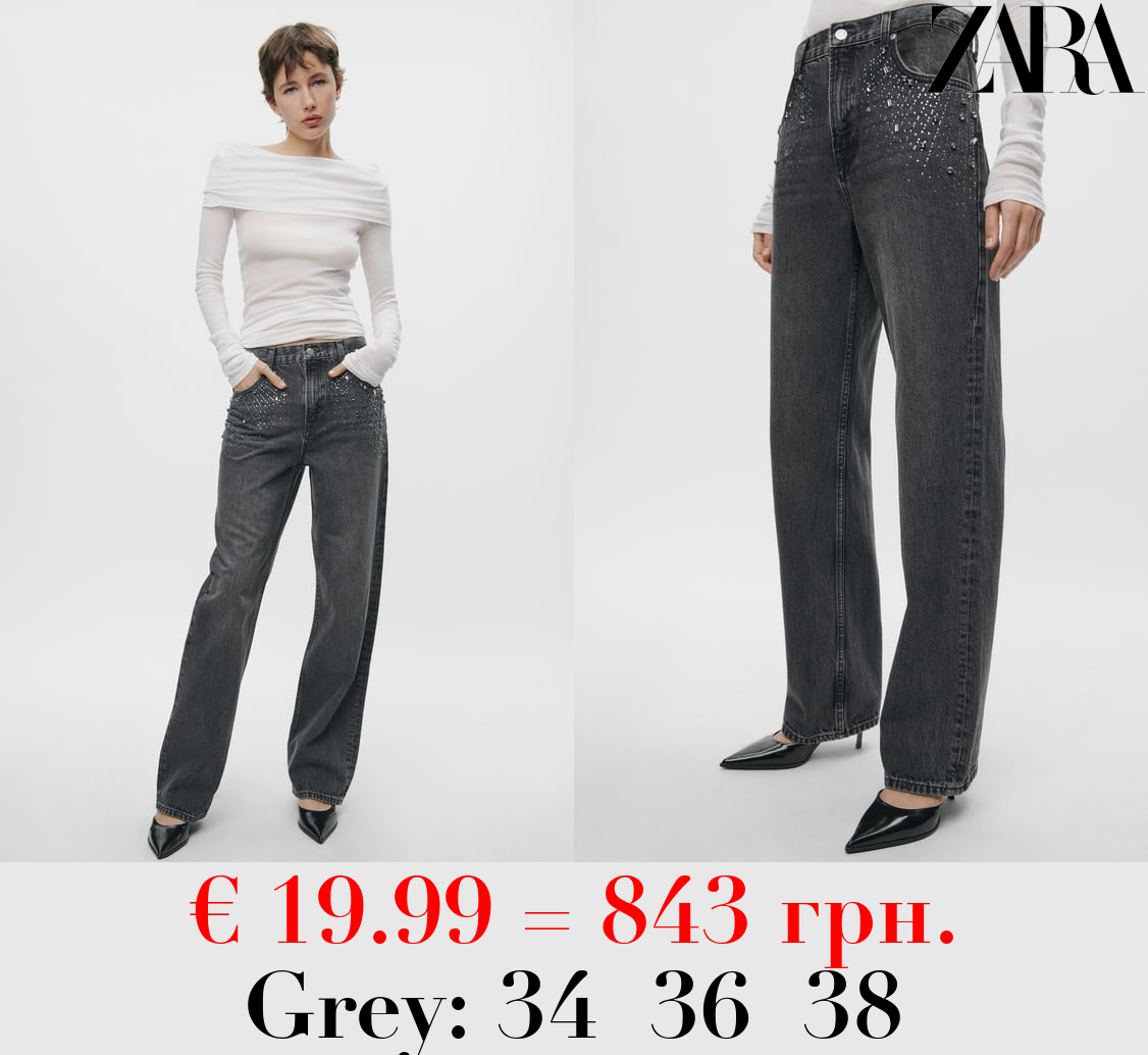 ZW COLLECTION STRAIGHT-LEG MID-RISE RHINESTONE JEANS