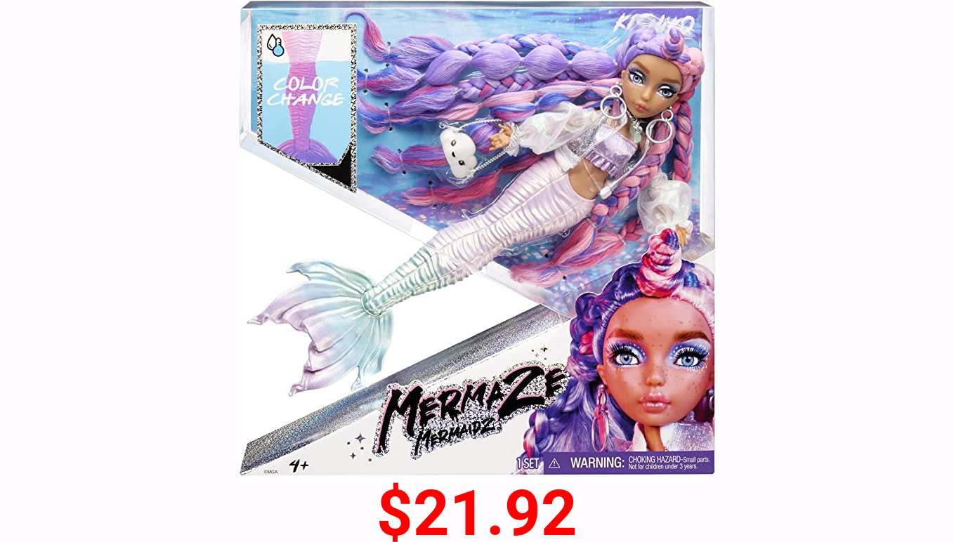 MERMAZE MERMAIDZ Color Change Kishiko Mermaid Fashion Doll Designer Outfit & Accessories, Stylish Hair & Sculpted Tail, Poseable, Collectors Ages 4 5 6 7 8 to 12+, Multicolor (581352)
