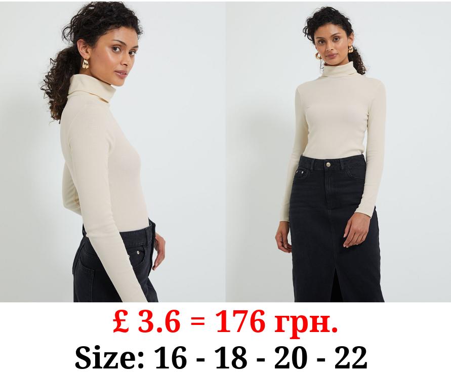 Cream Ribbed Roll Neck Long Sleeve Top