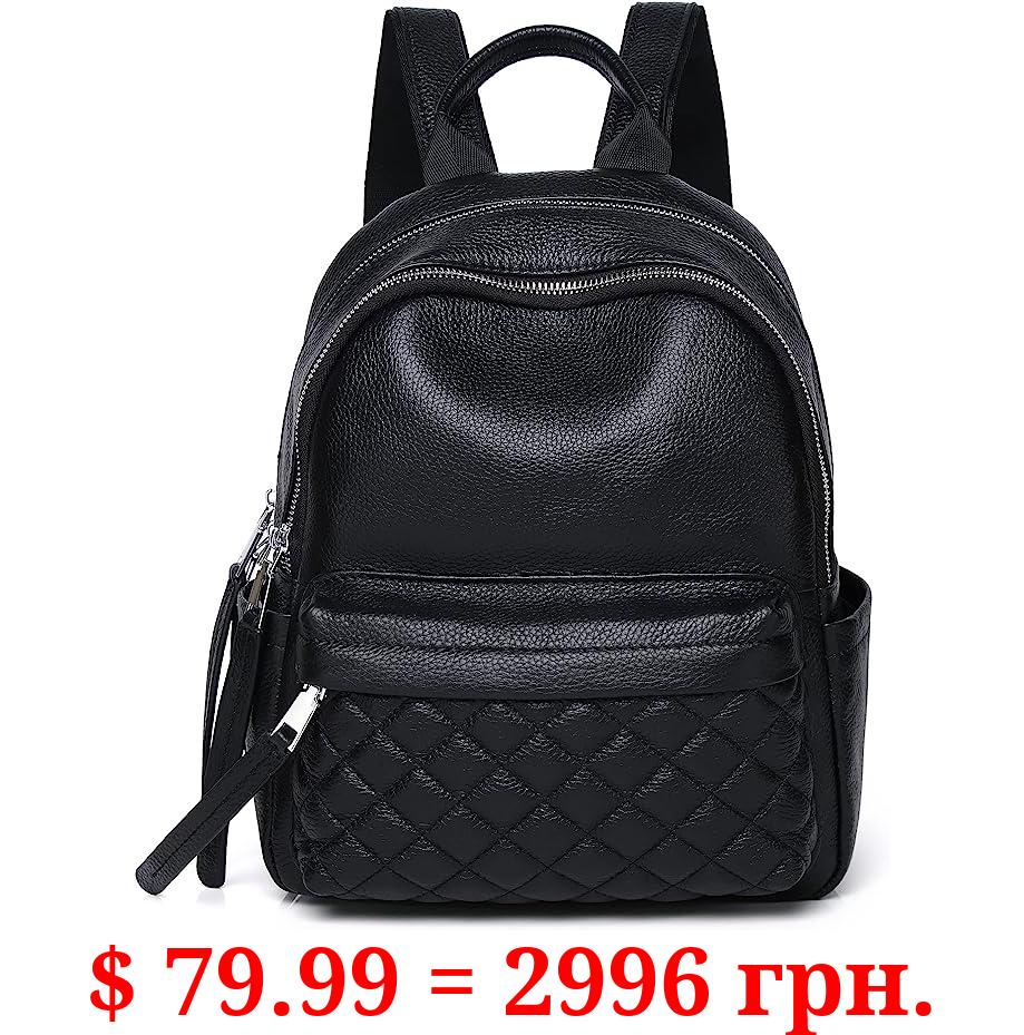 Wesccimo Small Genuine Leather Backpack Purse For Women Black Quilted Real Soft Leather Casual Daypack Backpack