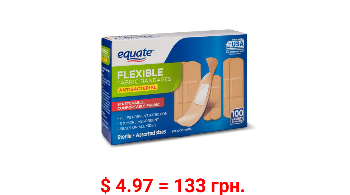 Equate Antibacterial Flexible Fabric Bandages, 100 count
