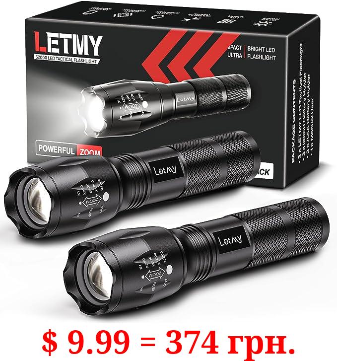 LETMY LED Tactical Flashlight S1000 PRO - 2 Pack Bright Military Grade Flashlights High Lumens - Portable Handheld Flash Lights with 5 Modes, Zoomable, Waterproof for Camping Outdoor Emergency
