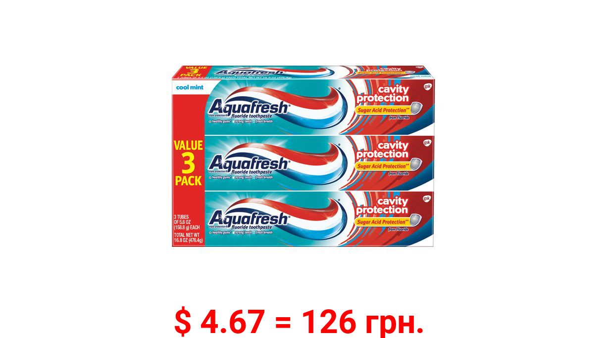 Aquafresh Cavity Protection Fluoride Toothpaste, Cool Mint, 5.6 Oz, 3 Pack