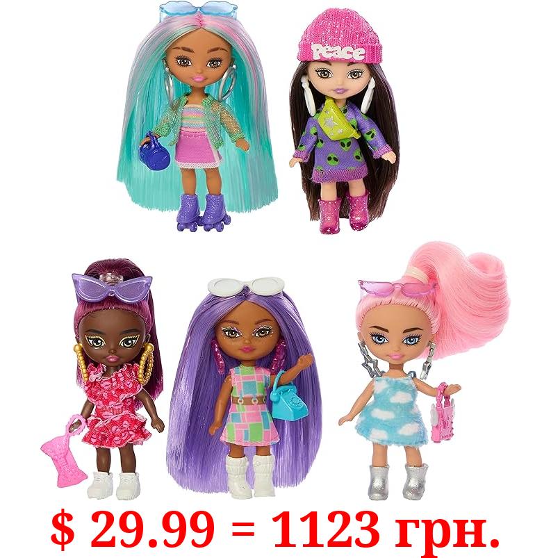 Barbie Five Barbie Dolls, Barbie Extra Mini Minis Bundle, Small Dolls with Colorful Fashions and Accessories
