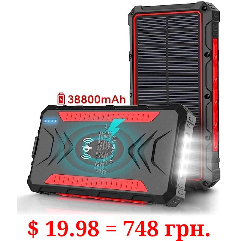 Solar Power Bank,Solar Charger 38800mAh, Qi Wireless Charger, Outputs 5V/3A High-Speed & 2 Inputs Huge Capacity Phone Charger for Smartphones, IP66 Rating, Strong Light LED Flashlights (Red)
