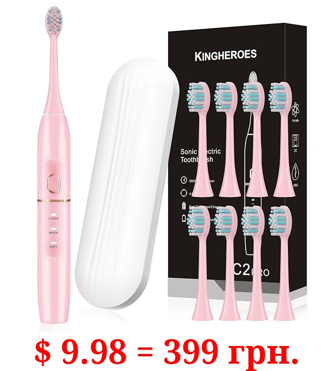 kingheroes Electric Toothbrush Set, Comes with 8 Brush Heads & Travel Case,4 Modes with 2 Minutes Built in Smart Timer, One Charge for 60 Days, 42000 VPM Motor (Pink)