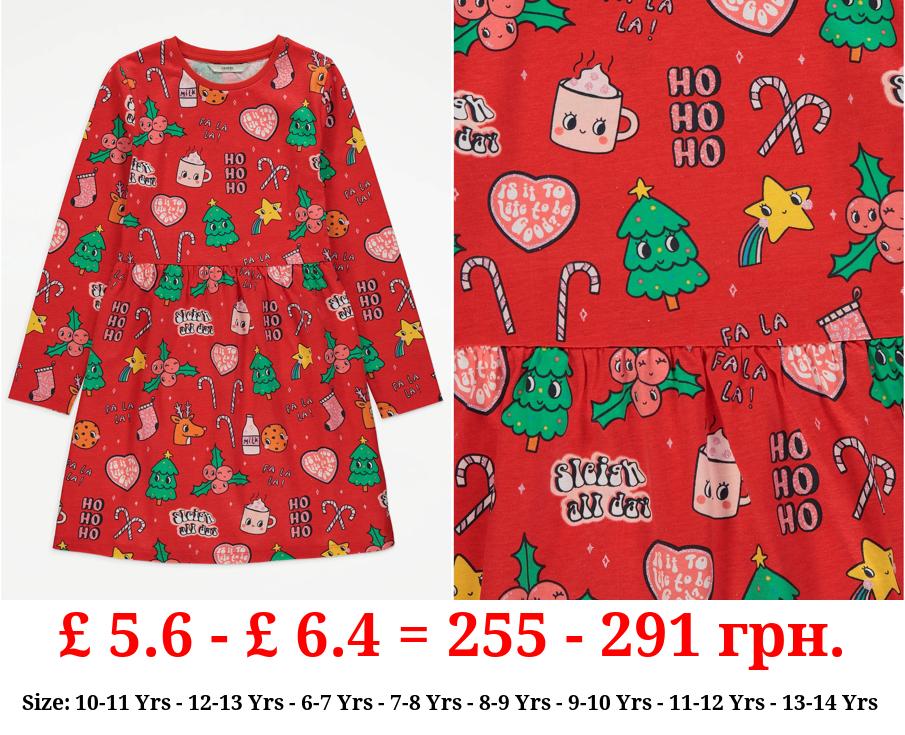 Red Christmas Print Long Sleeve Dress