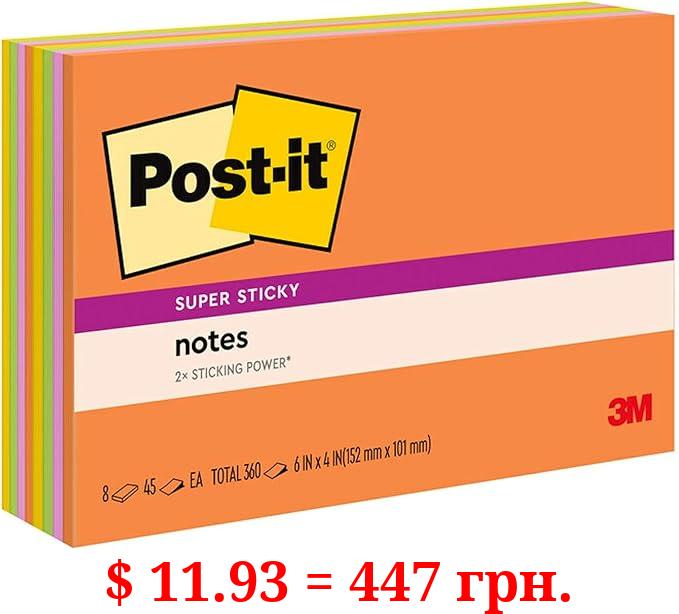 Post-it Super Sticky Notes, 6x4 in, 8 Pads, 2x the Sticking Power,Energy Boost Collection, Bright Colors (Orange, Pink, Blue, Green), Recyclable (6445-SSP)